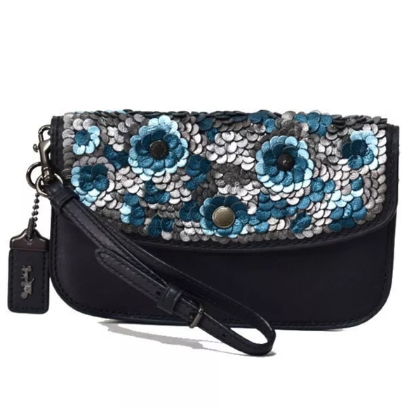 COACH Rare Vintage BLACK/BLUE/MULTI COLOR Tea Flower CLUTCH Glovetanned No 31833 - Picture 1 of 13